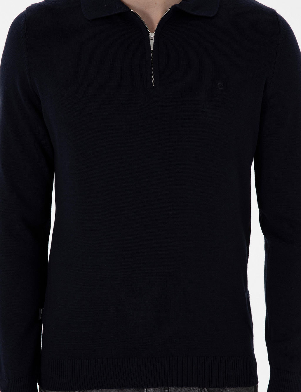 Lacivert Slim Fit Fermuarl_ Polo Yaka Basic Triko Kazak