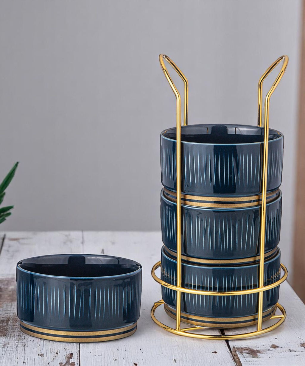 НАБОР САЛАТНИКОВ LEFARD HERBAL НА МЕТАЛЛ. ПОДСТАВКЕ 4 ШТ. 11,5*6 СМ 450 МЛ СИНИЙ  фото 5