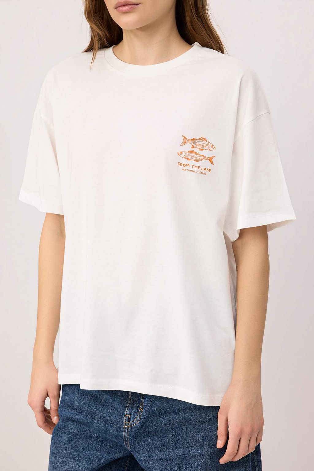 Ekru Bask?l? Oversize Bisiklet Yaka Dusuk Kol K?sa Uzun %100 Pamuk Orme T-Shirt TWOSS26TS00211 - Trendyolmilla фото 3