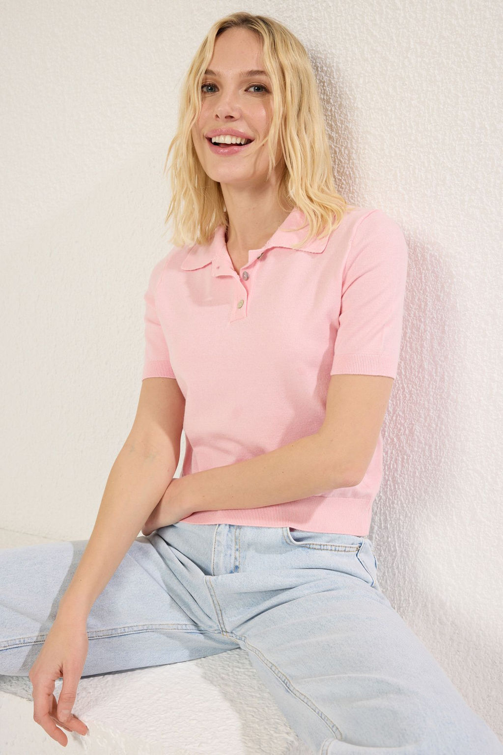 Pembe Polo Yaka Premium Iplik / Ozel Iplik Triko Bluz TWOSS25BZ00184