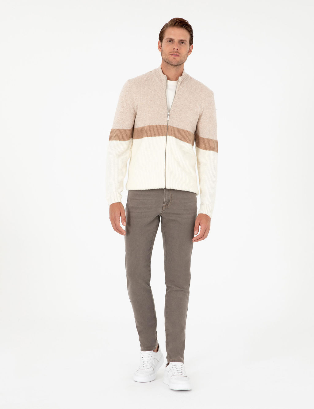 Ekru Regular Fit Y_n Kar___ml_ Fermuarl_ Triko H_rka - Pierre cardin фото 4