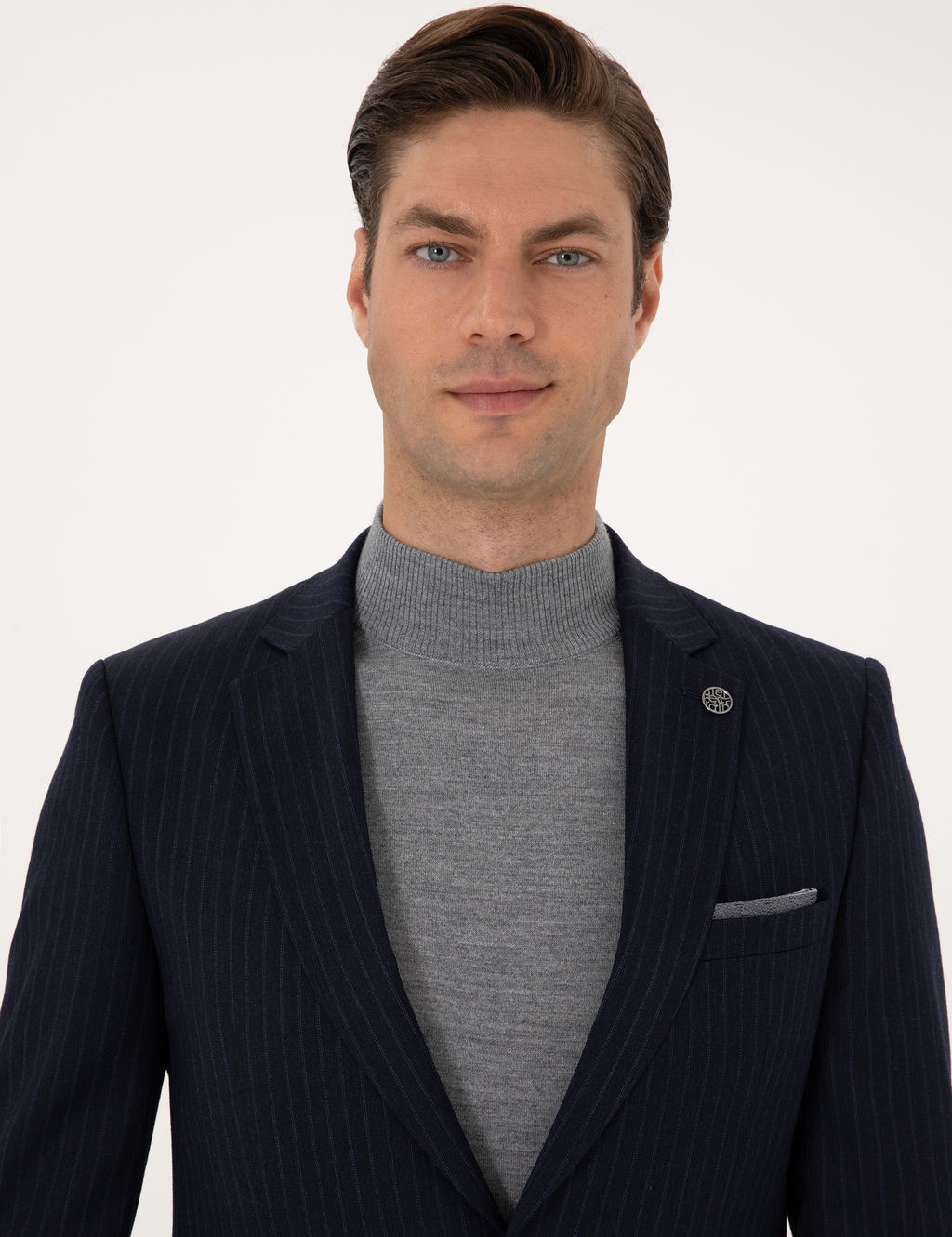 Lacivert Extra Slim Fit Y_n Kar___ml_ _izgili Tak_m Elbise
