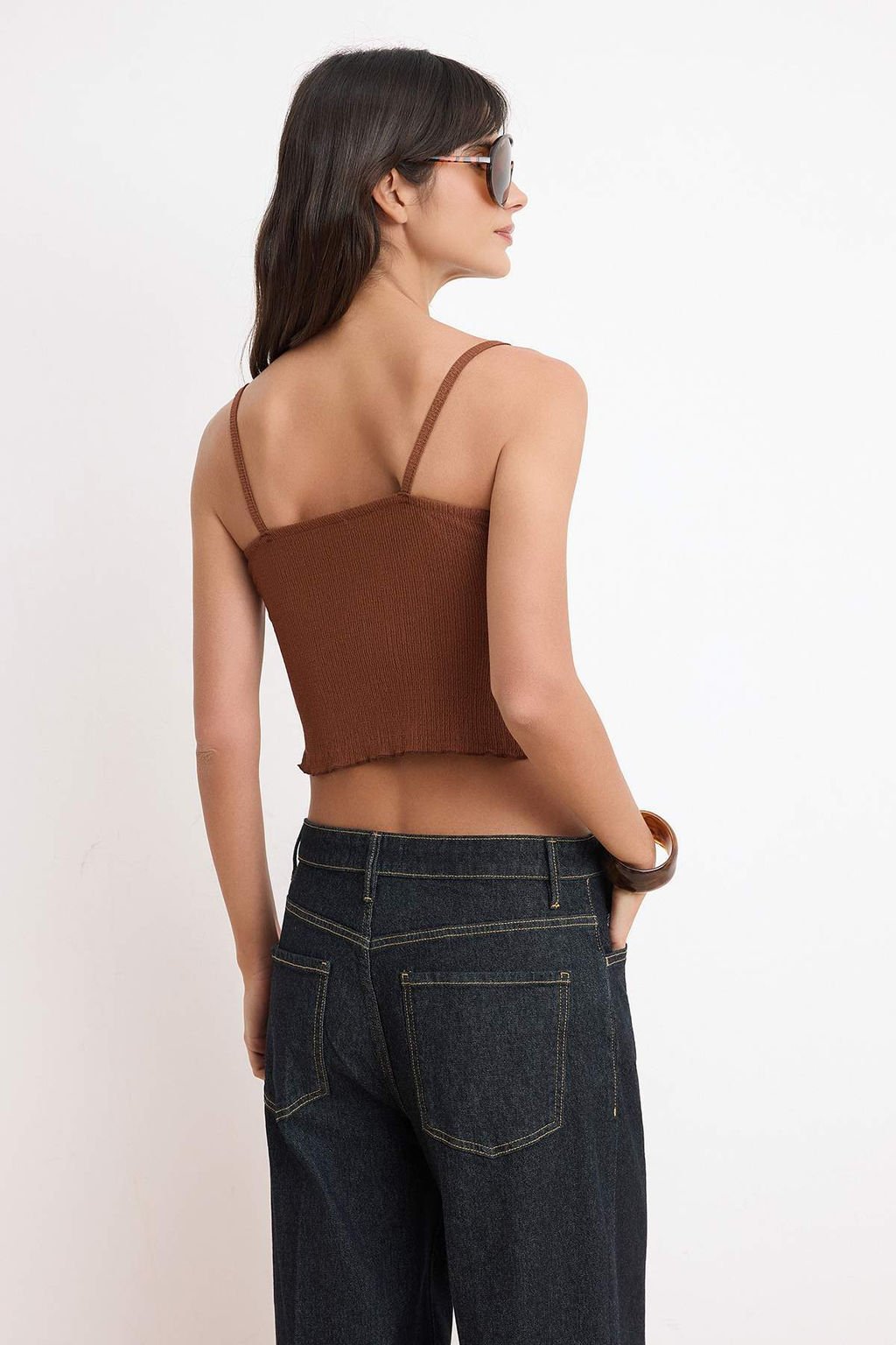 Kahverengi Fitted/Vucuda Oturan Havuz Yaka Dantel Detayl? Crop Dokulu Orme Bluz TWOSS26BZ00160 - Trendyolmilla фото 4