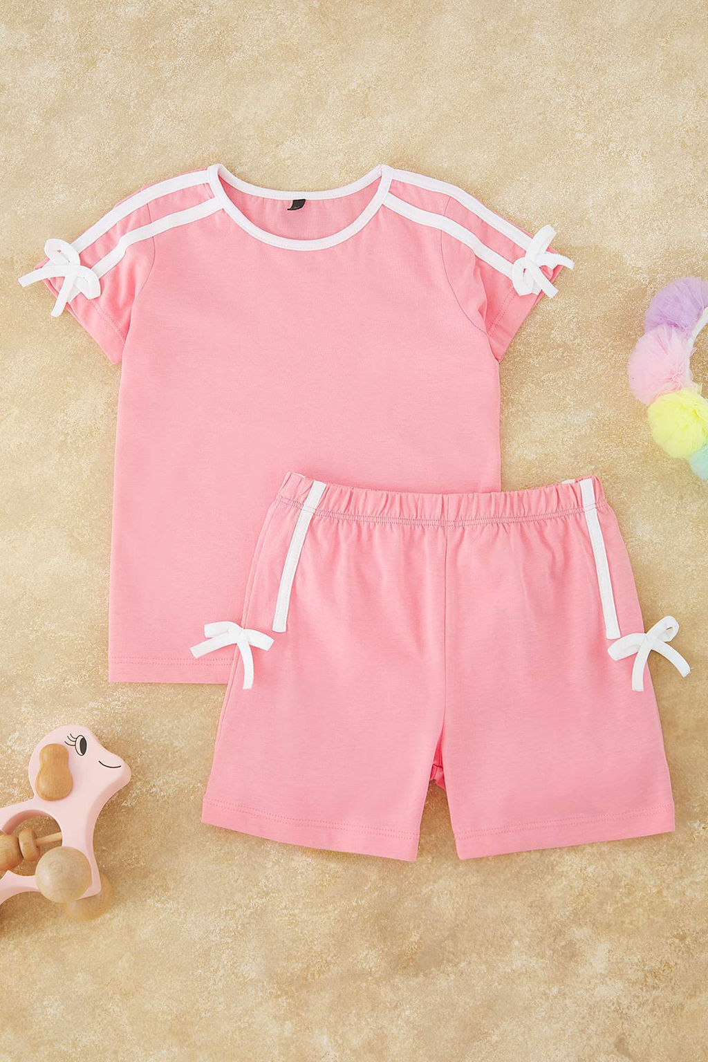 Pembe K?z Cocuk %100 Pamuk Kurdele Detayl? K?sa Kol Orme Pijama Tak?m? TKDSS25PT00038 - Trendyolmilla фото 2