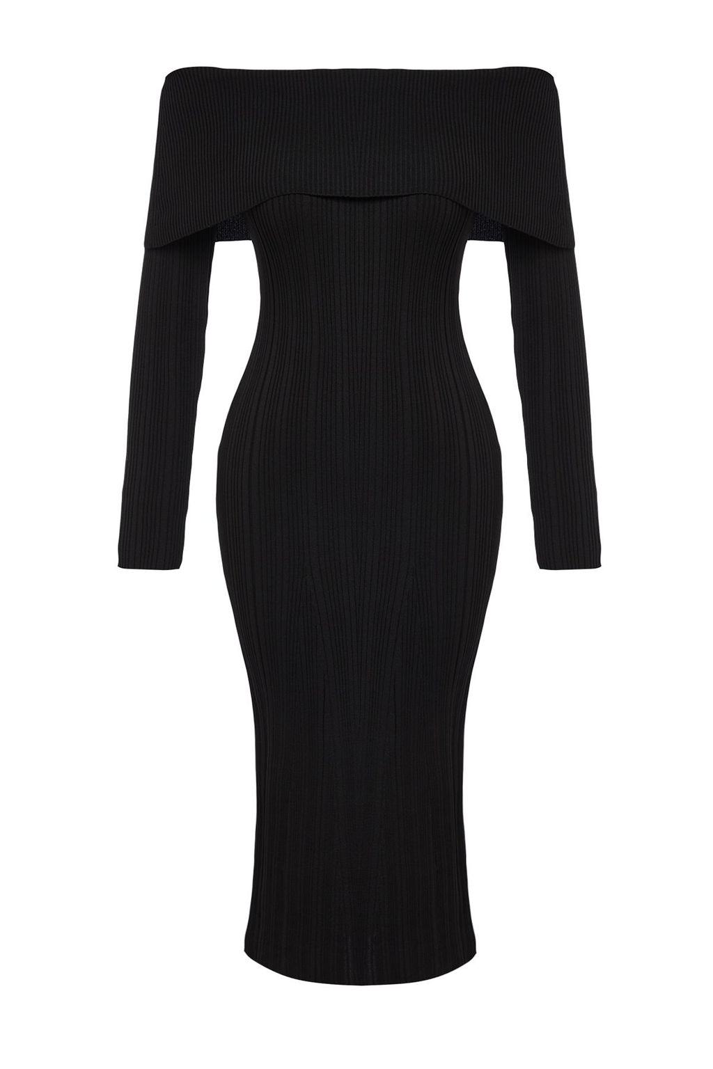 TRENDYOLMILLA Siyah Midi Triko Basic Carmen Yaka Elbise TWOAW25EL00033