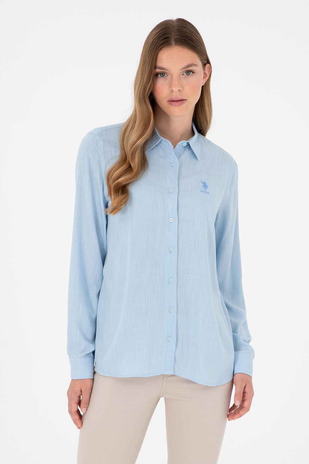 Женская голубая рубашка с длинным рукавом Неожиданная скидка в корзине