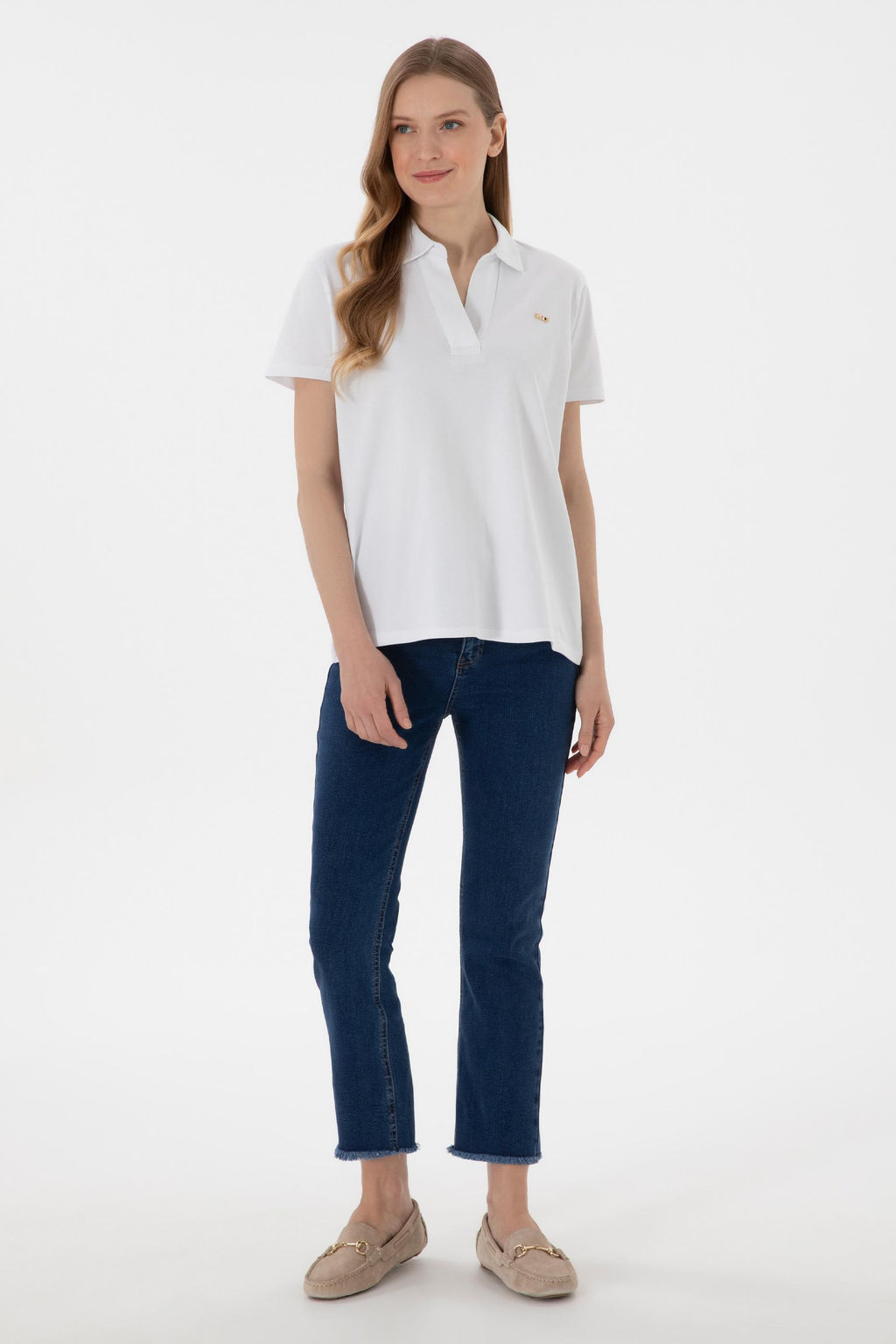 Kad_n Beyaz Basic Polo Yaka Ti__rt
