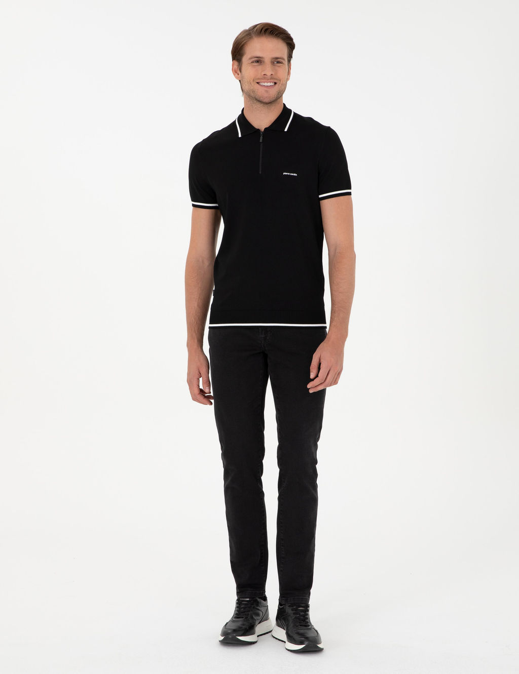 Siyah Slim Fit Fermuarl_ Polo Yaka Y_n Kar___ml_ Triko Ti__rt - Pierre cardin фото 4