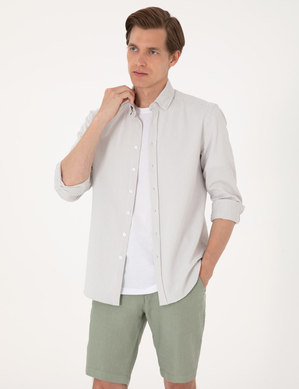 Gri Slim Fit _izgili Uzun Kollu G_mlek