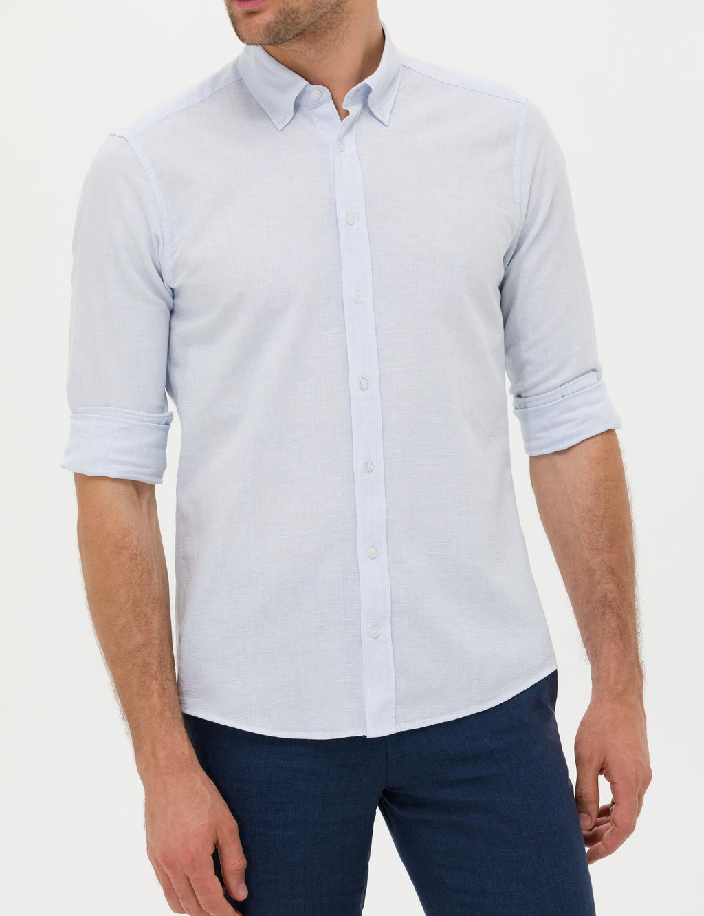 A__k Mavi Keten Kar___ml_ Slim Fit Uzun Kollu G_mlek - Cacharel фото 6