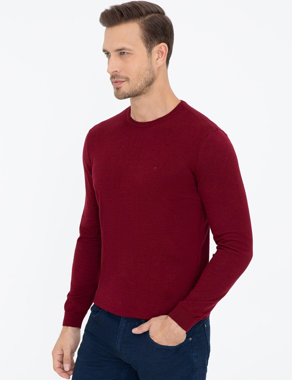 Бордово-красный базовый трикотажный свитер приталенного кроя с круглым вырезом - Cacharel фото 3