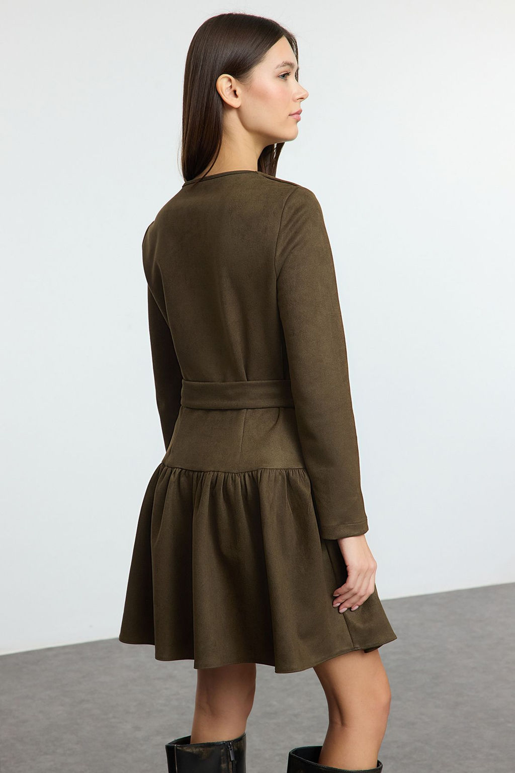 Haki Kemerli Duz K?sa / Mini Dokuma Elbise TWOAW25EL00252