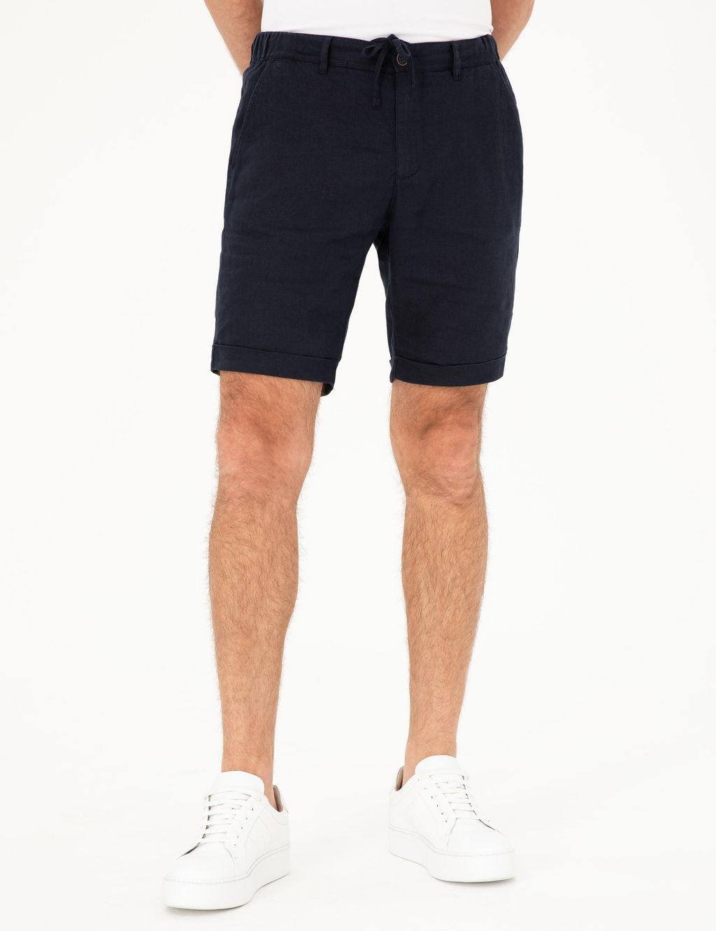 Темно-синие льняные шорты стандартного кроя с эластичной резинкой на талии - Cacharel фото 2