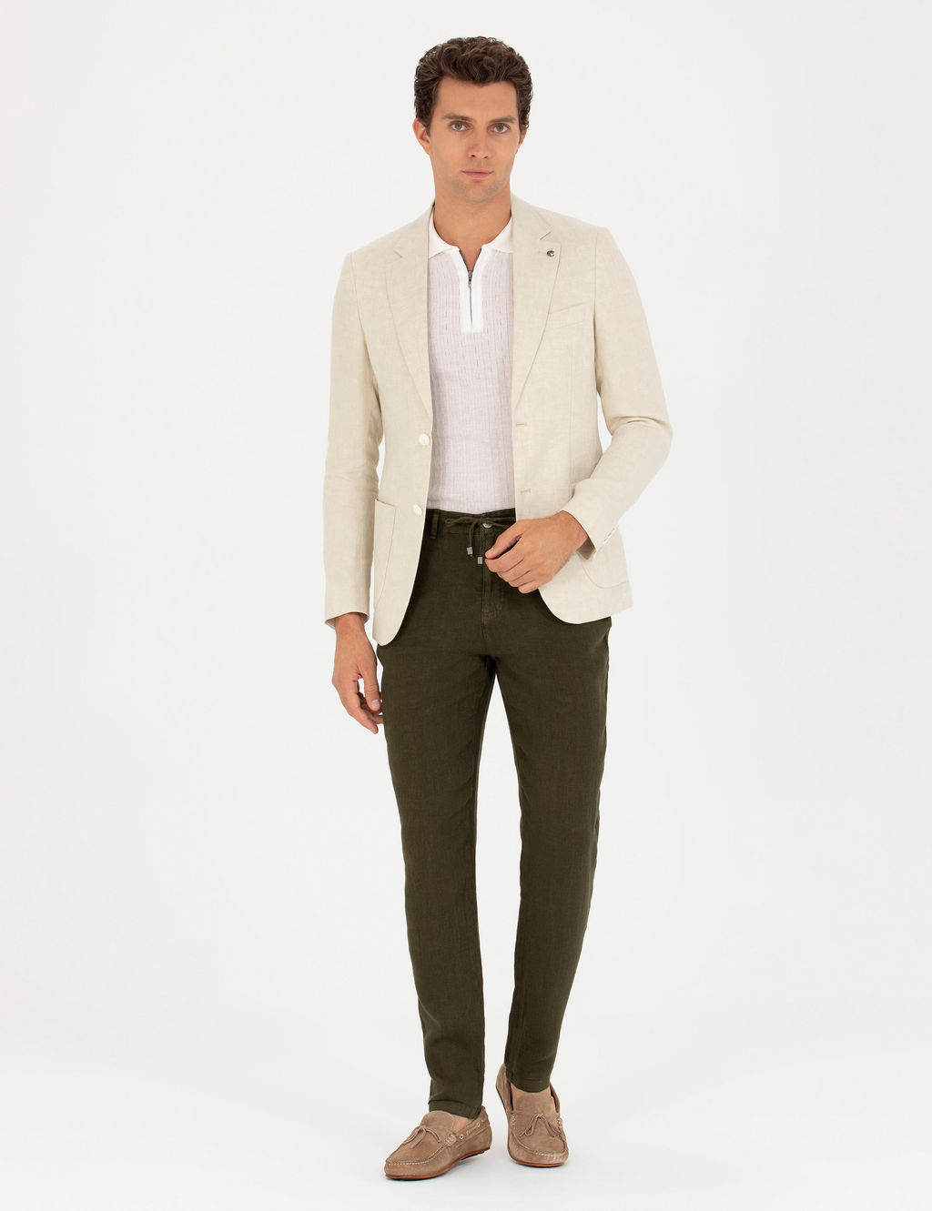 Bej Slim Fit %100 Keten Ceket