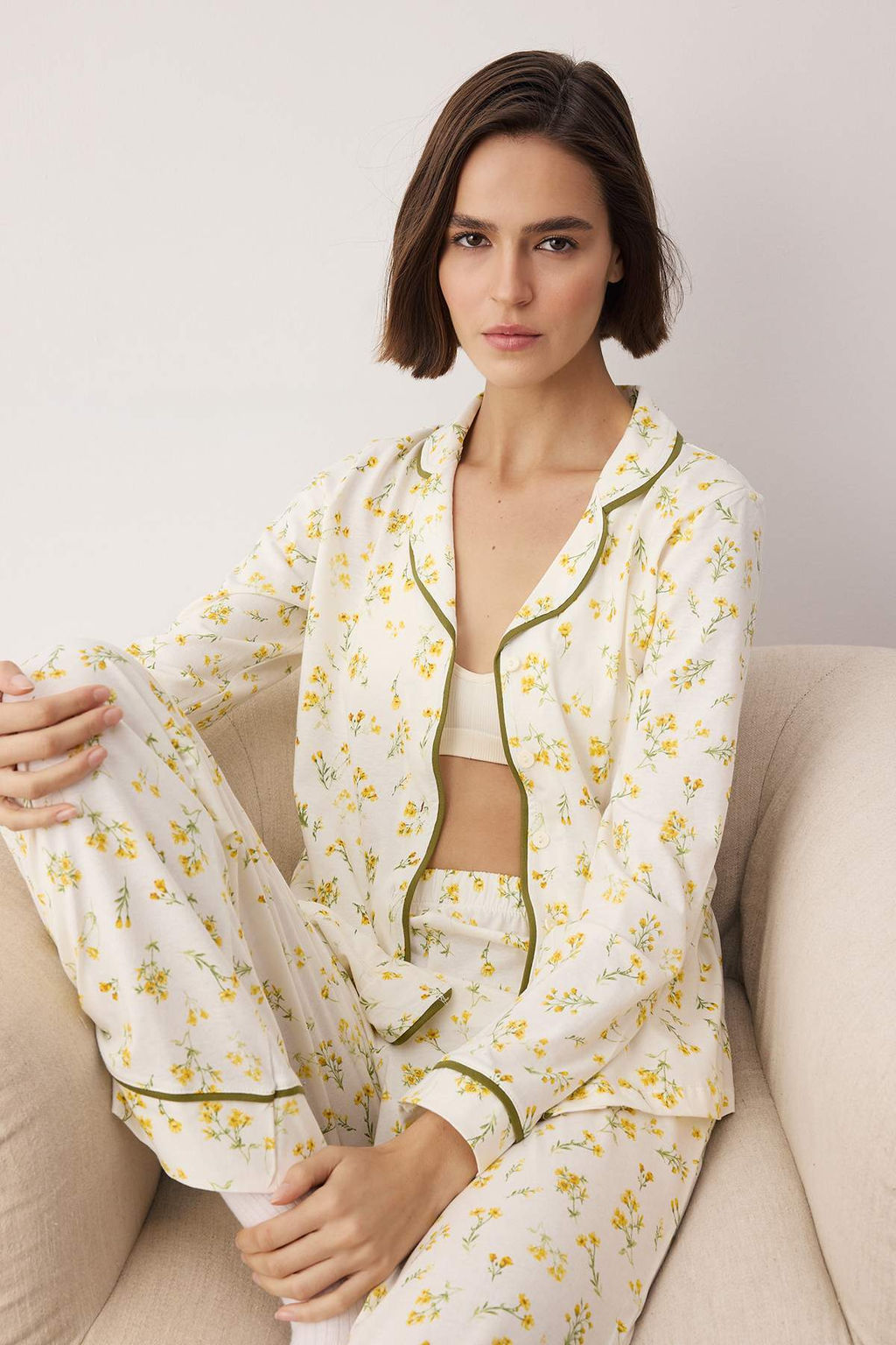Trendyolmilla Pembe %100 Pamuklu Cicekli Biyeli Orme Pijama Tak?m? THMAW25PT00202  фото 13