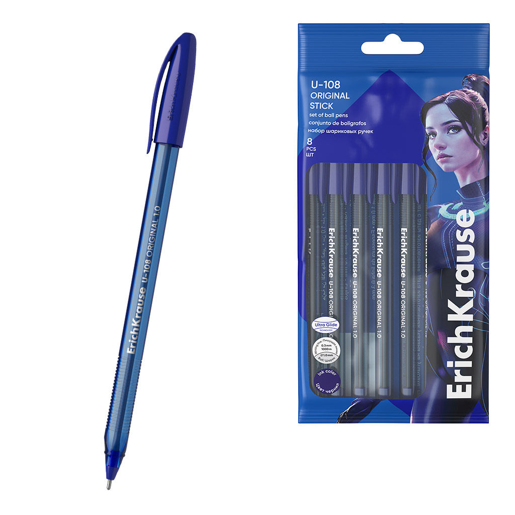 Цена за 24 шт. Набор из 8 ручек шариковых ErichKrause U-108 Stick Original 1.0, Ultra Glide Technology, цвет чернил синий (в пакете)
