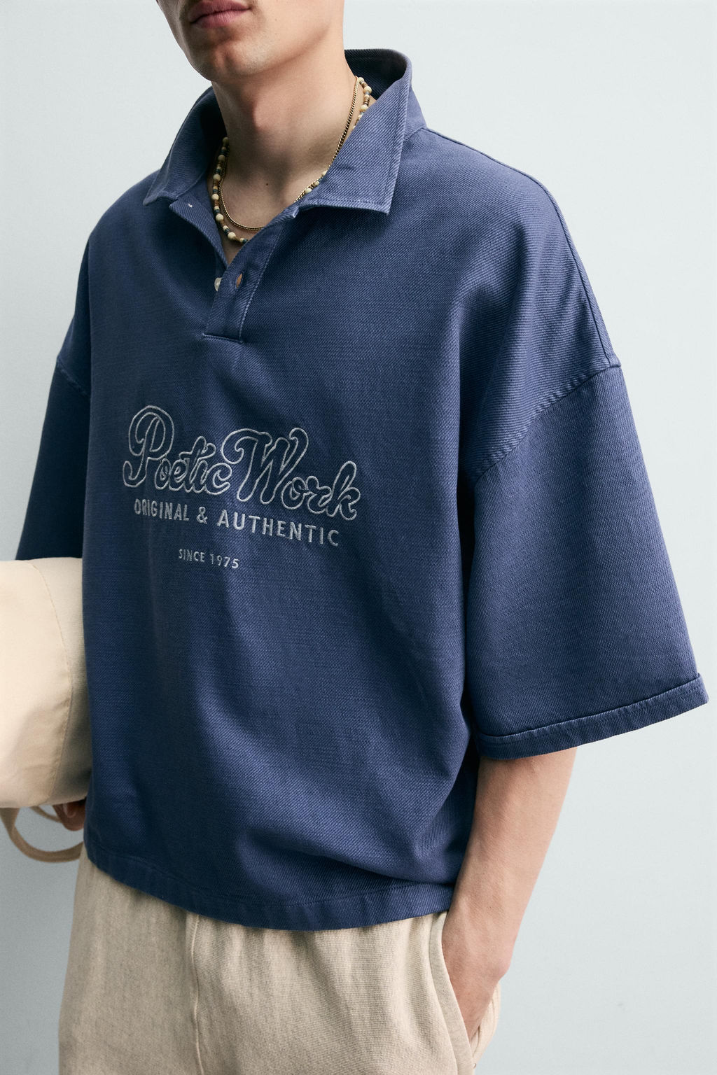 POLO BOXY FIT TEXTO BORDADO / Azul / Gris - Zara фото 6