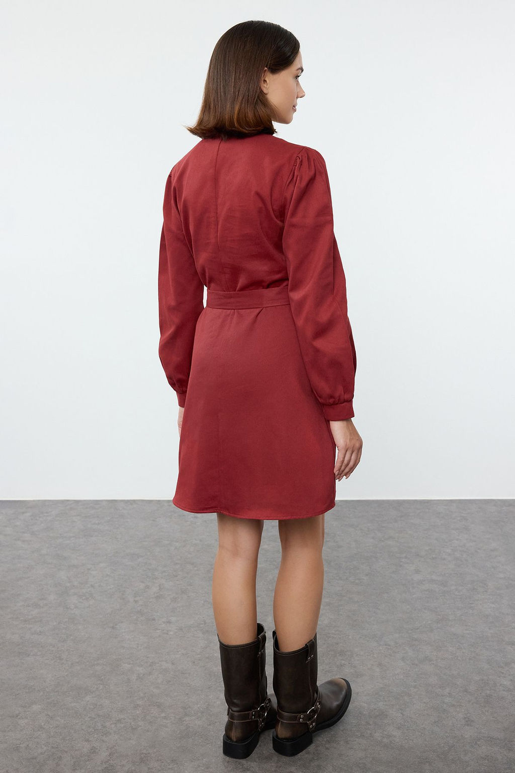 Bordo Duz Dik Yaka Dokuma Elbise TWOAW22EL1346 - Trendyolmilla фото 5