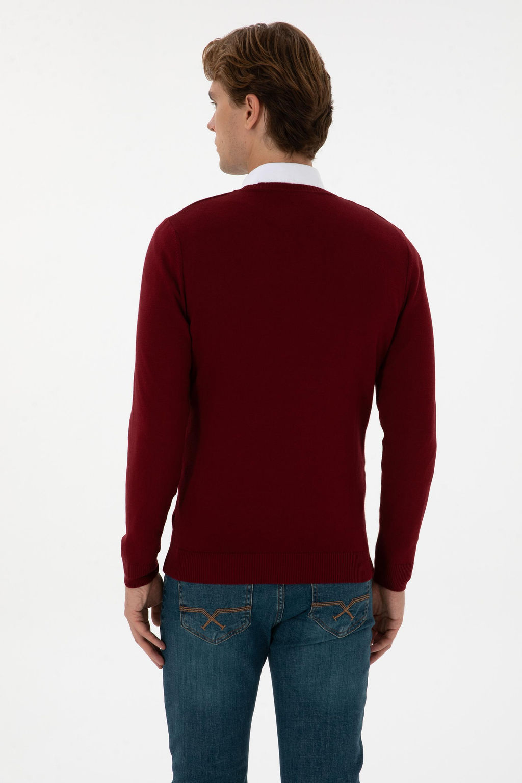 Erkek Slim Fit V Yaka Bordo Basic Kazak