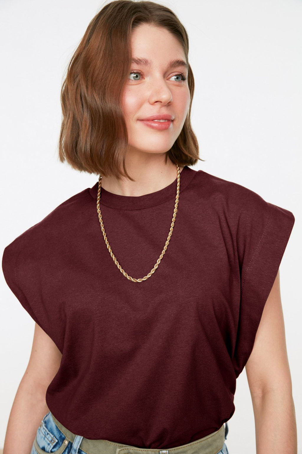 Bordo %100 Pamuk Vatka Gorunumlu Basic Bisiklet Yaka Orme T-Shirt TWOSS20TS0021