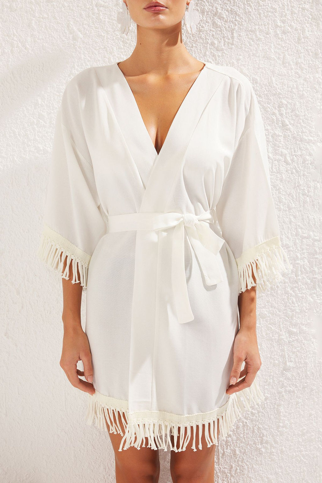 Ekru Mini Dokuma Puskullu Keten Gorunumlu Plaj Kimono&Kaftan TBESS25KM00001 - Trendyolmilla фото 3