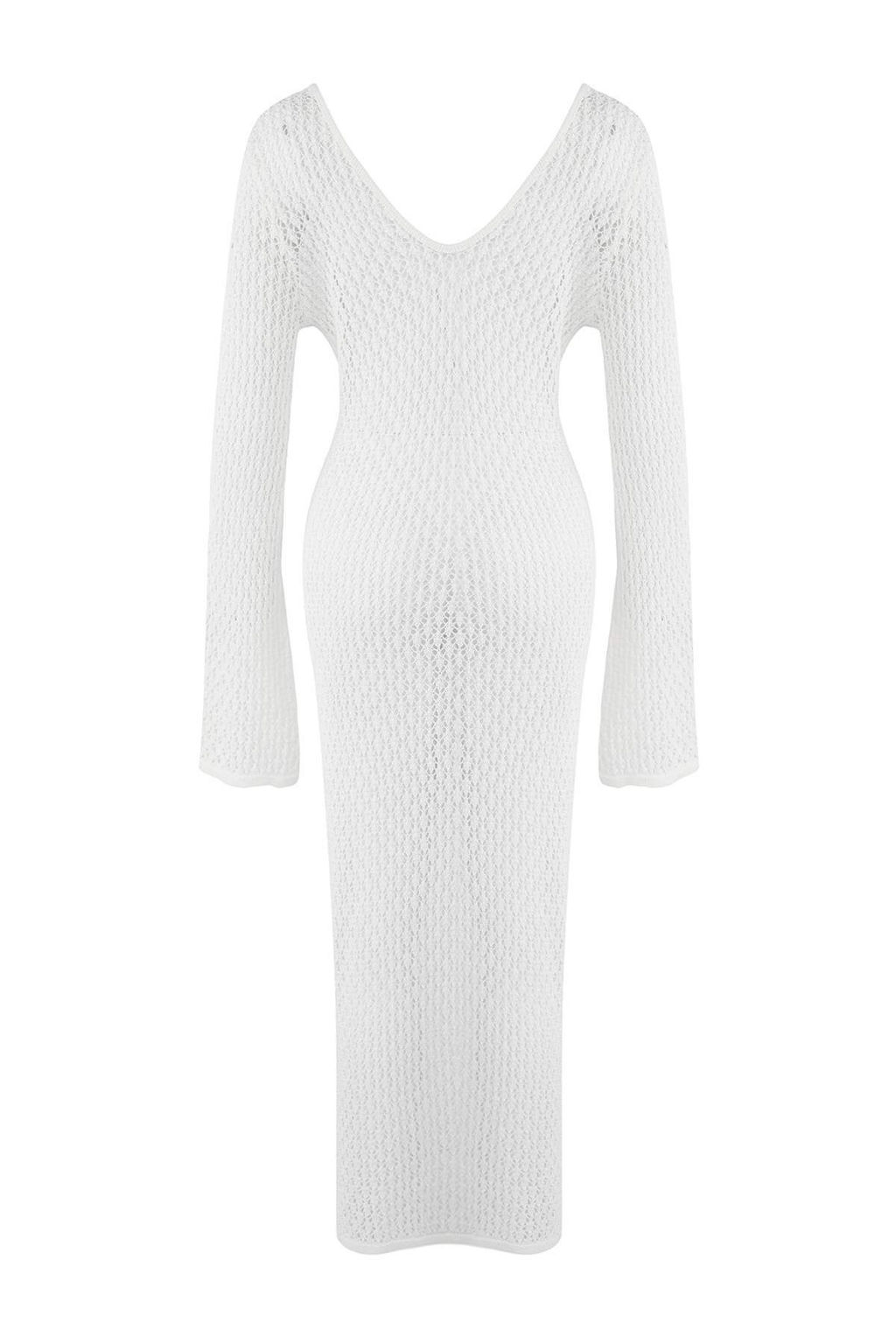 Ekru Triko Maxi Derin V Yaka Plaj Elbisesi TBESS25EL00151