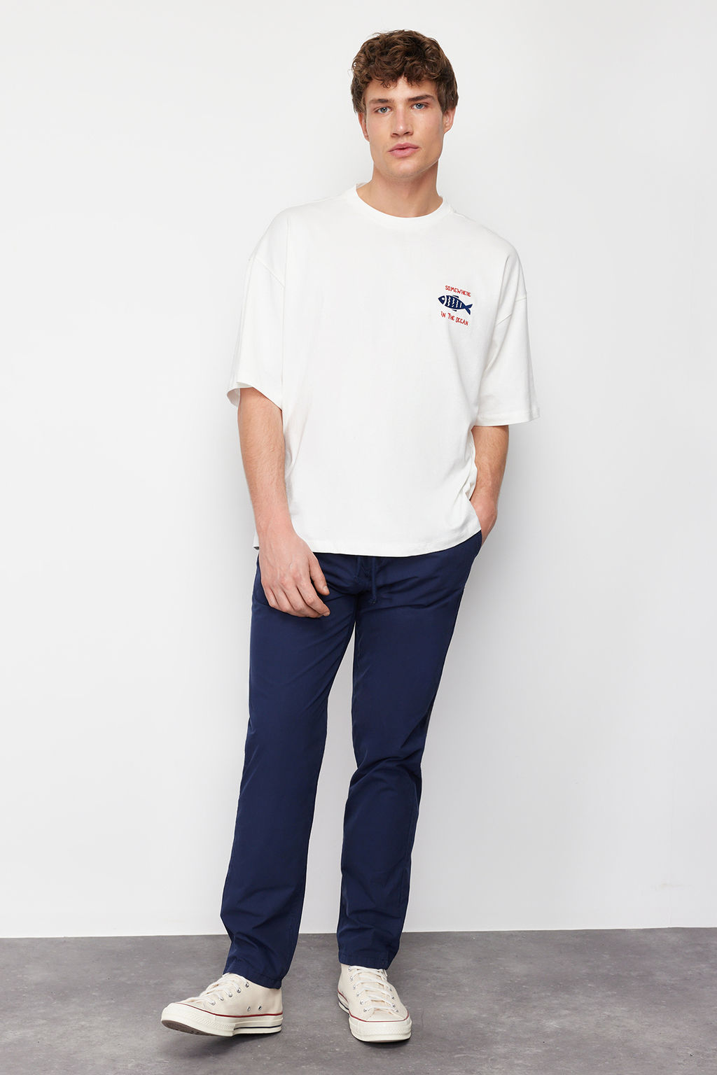 Lacivert Relaxed Fit Lastikli Beli Baglamal? Yazl?k %100 Pamuk Yumusak Keten Pantolon TMNSS24PL00002 - Trendyolmilla фото 3