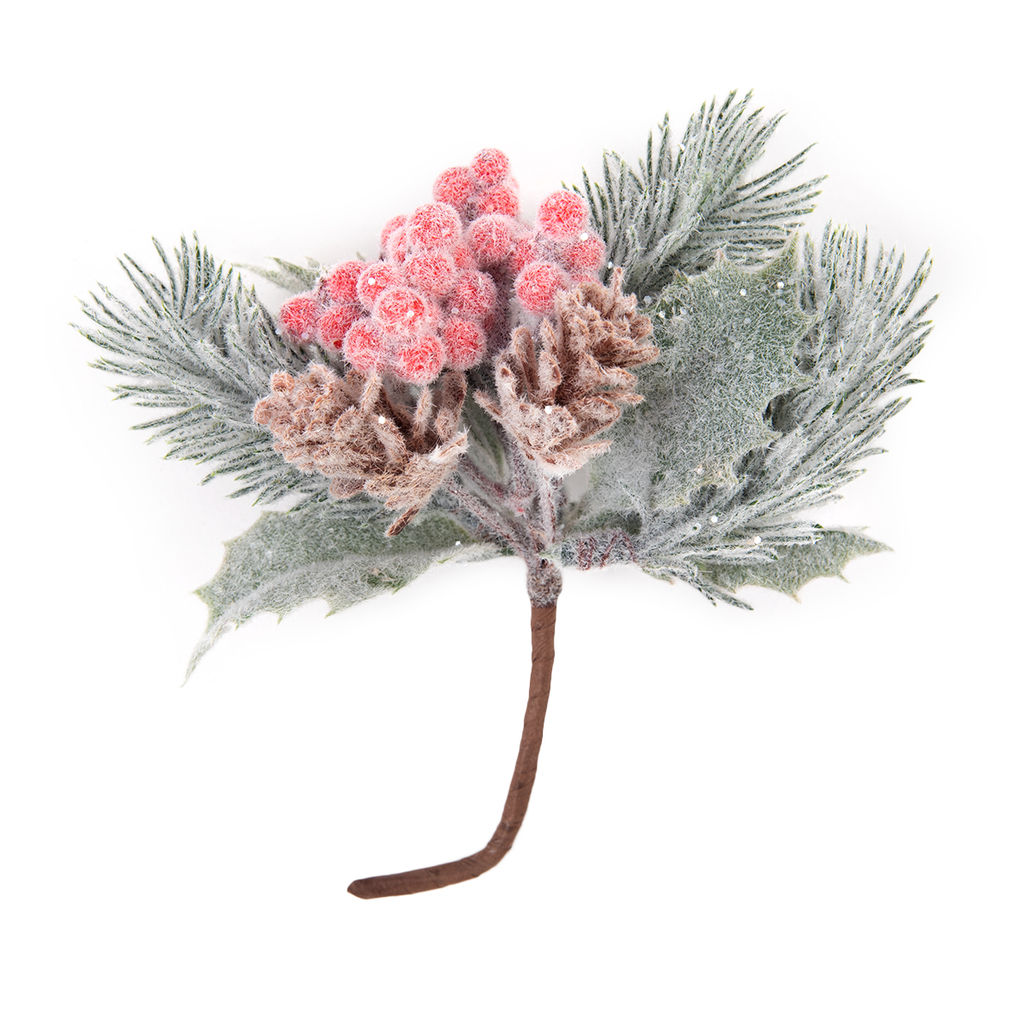 Blumentag VDD-130 Веточка декоративная заснеженная с ягодами и шишками 6 х 1 шт. 14 см