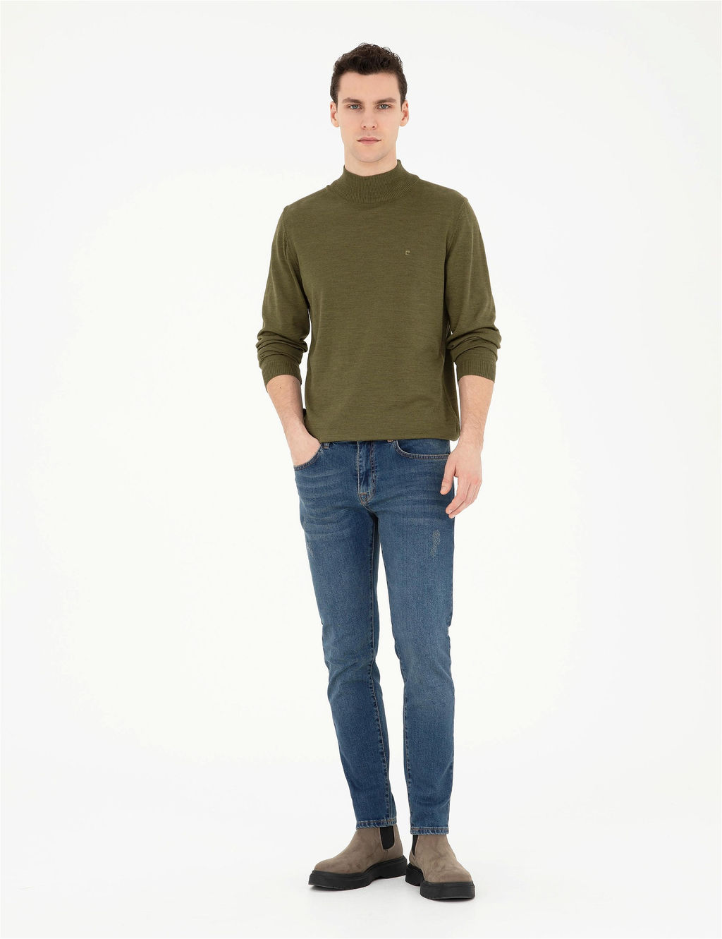 A__k Ye_il Slim Fit Yar_m Bal_k__ Yaka Y_n Kar___ml_ Basic Triko Kazak - Pierre cardin фото 4