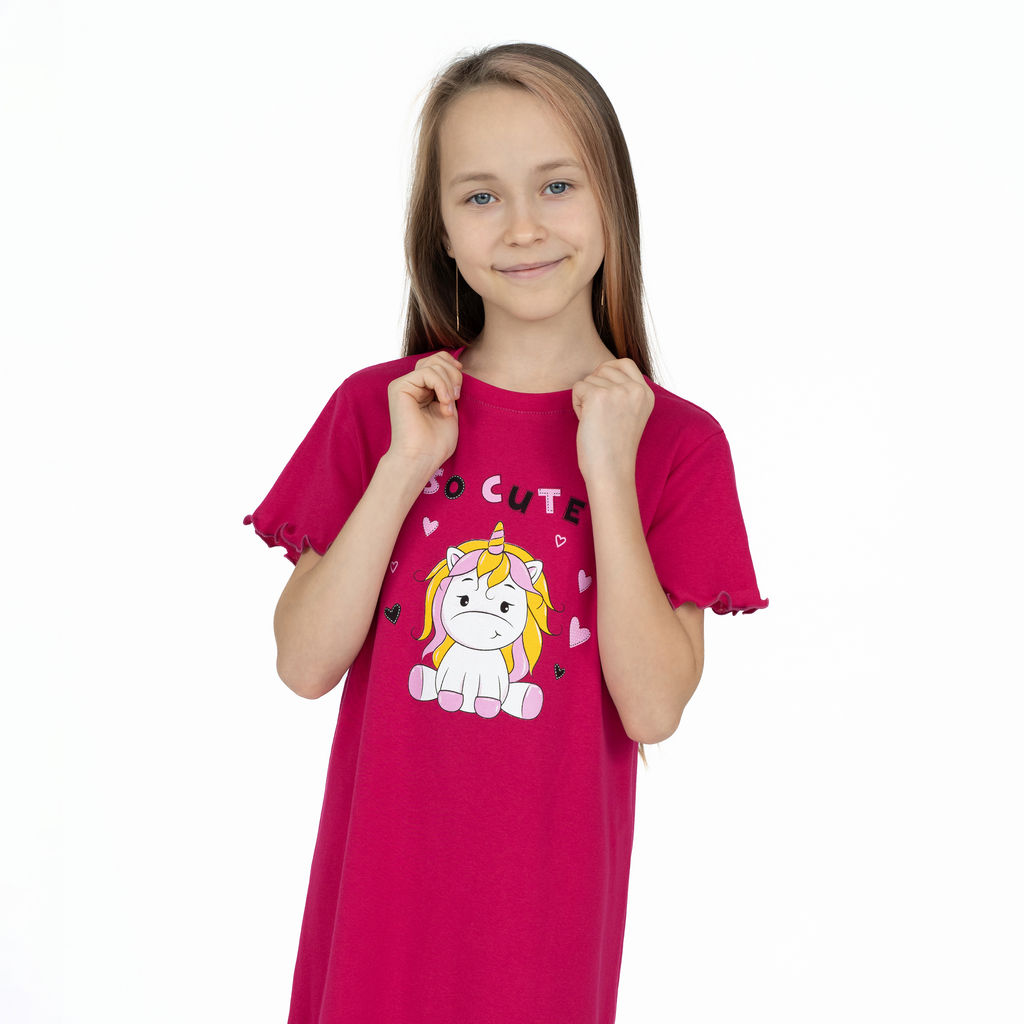Сорочка для девочки темно-малиновая единорожка 818 (122, 64)
