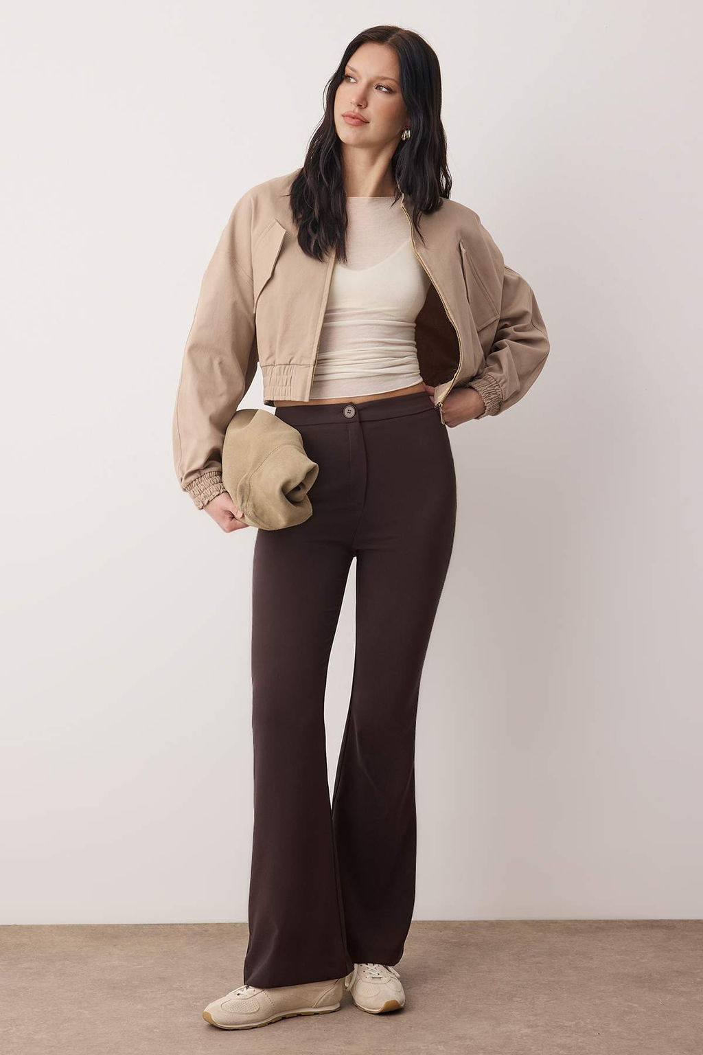 Koyu Kahverengi Flare Ispanyol Paca Bootcut Dokuma Pantolon TOFAW19BB0581