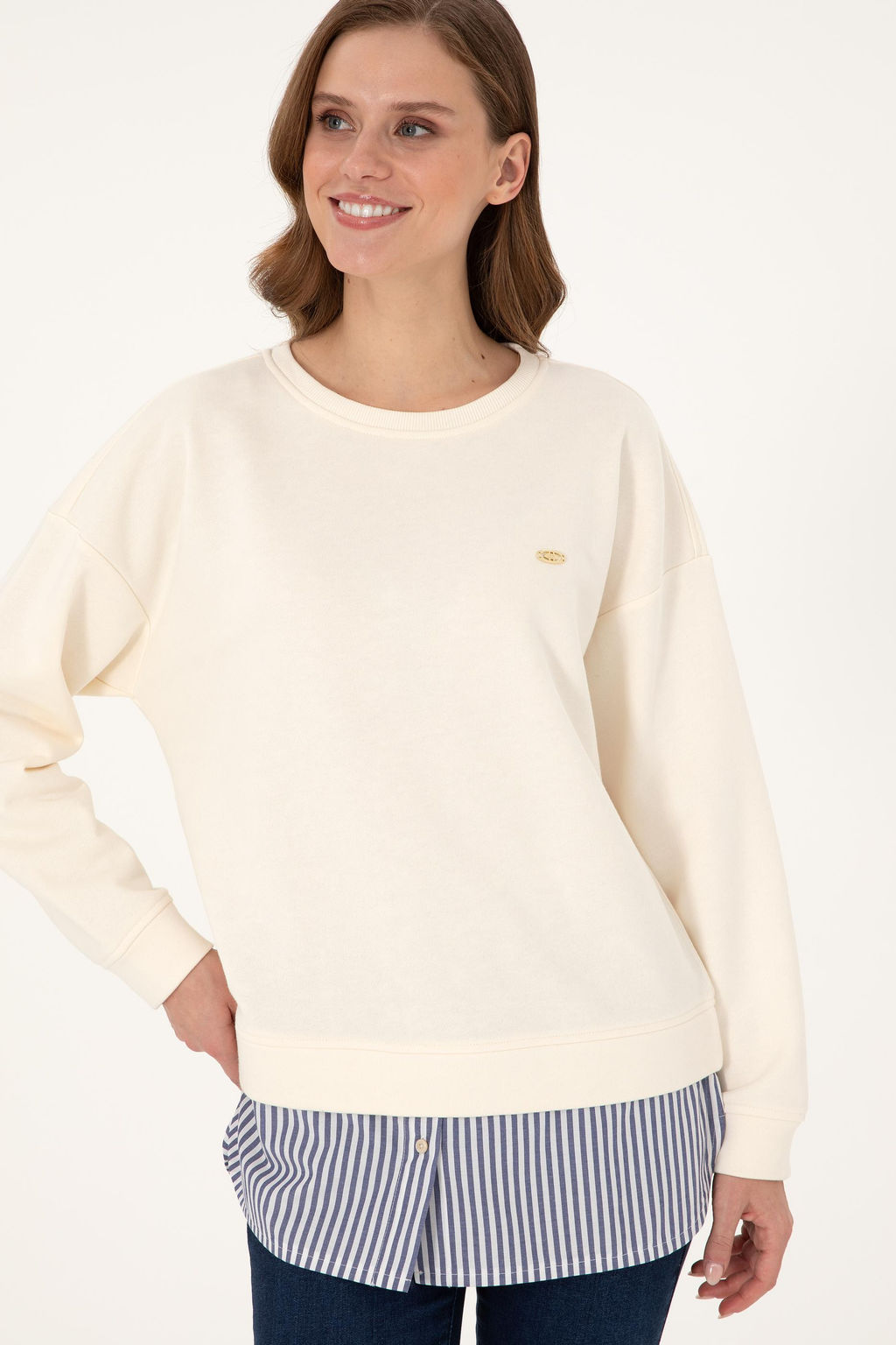 Kad_n Krem G_mlek Detayl_ Bisiklet Yaka Sweatshirt