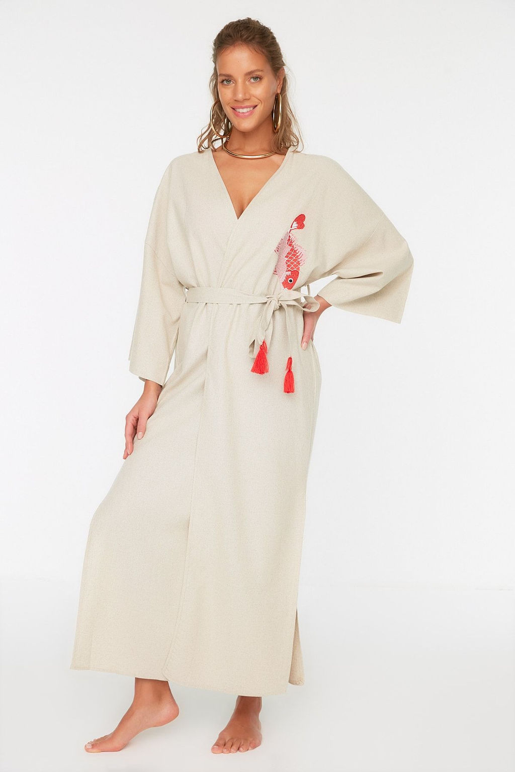 Mercan Kusakl? Maxi Dokuma Nak?sl? Keten Kar?s?ml? Plaj Kimono&Kaftan TBESS20KM0051
