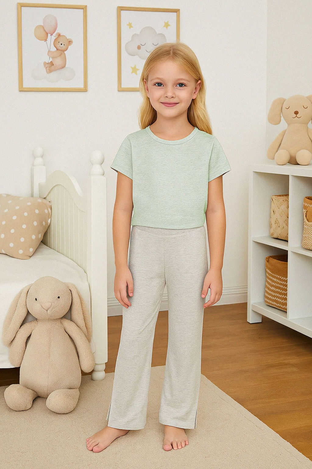 Gri Melanj K?z Cocuk Pamuklu Basic Y?rtmac Detayl? Wide Leg Orme Pantolon TKDSS25PL00016