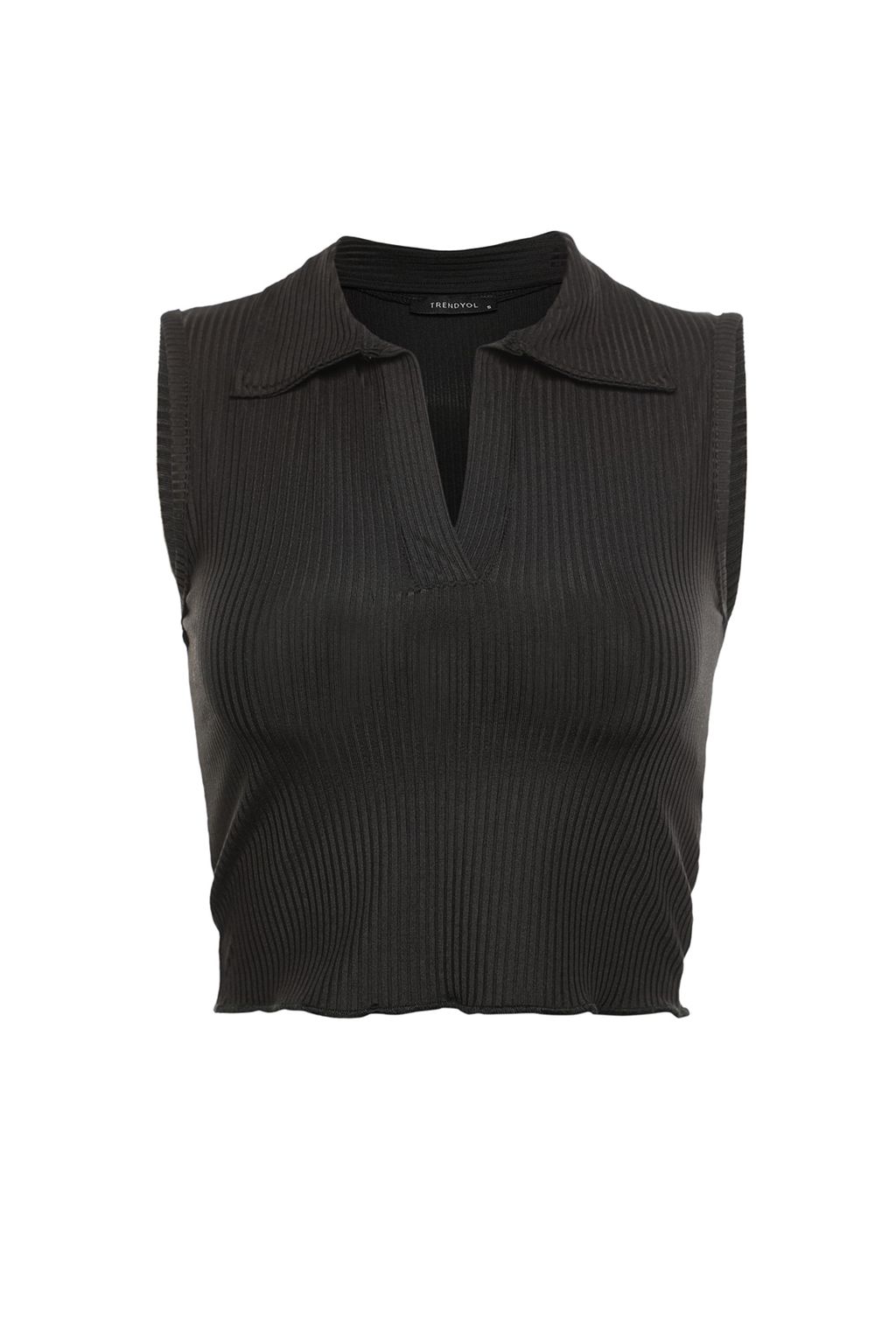 Siyah Fitted/Vucuda Oturan Polo Yaka Crop Esnek Orme Bluz TWOSS22BZ0335