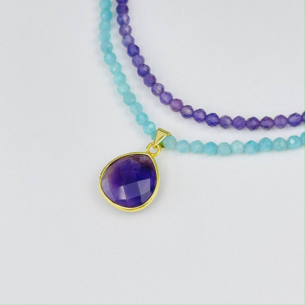 Колье двойное из Амазонита и Аметиста 38 см +