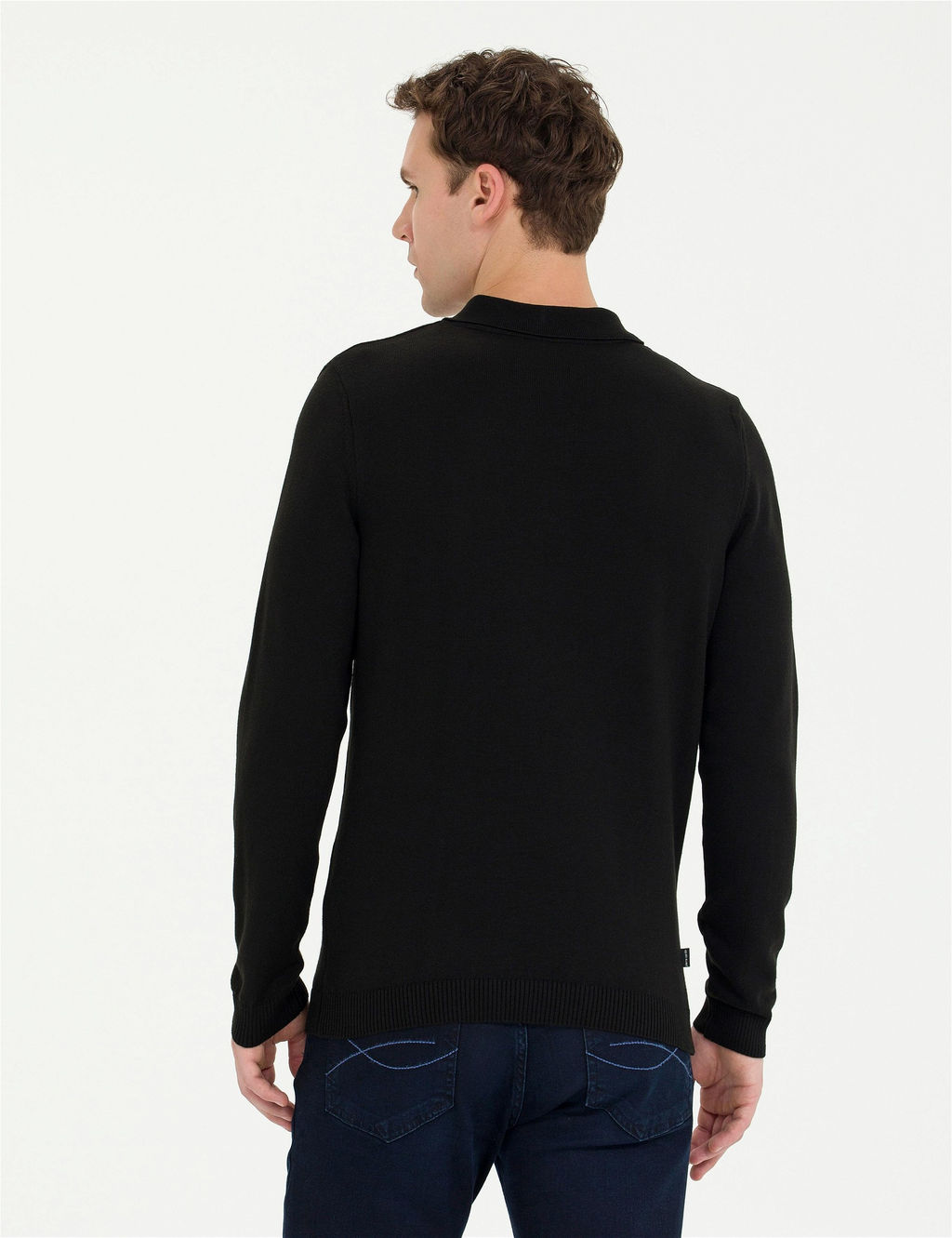 Siyah Slim Fit Polo Yaka Basic Triko Kazak