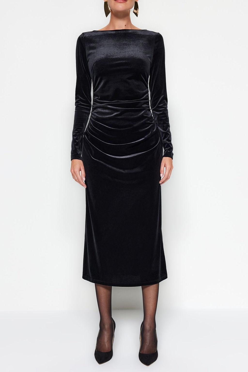 TRENDYOLMILLA Siyah Kadife Buzgulu Fitted/Vucuda Oturan Esnek Maxi Orme Elbise TWOAW24EL00617 фото 4