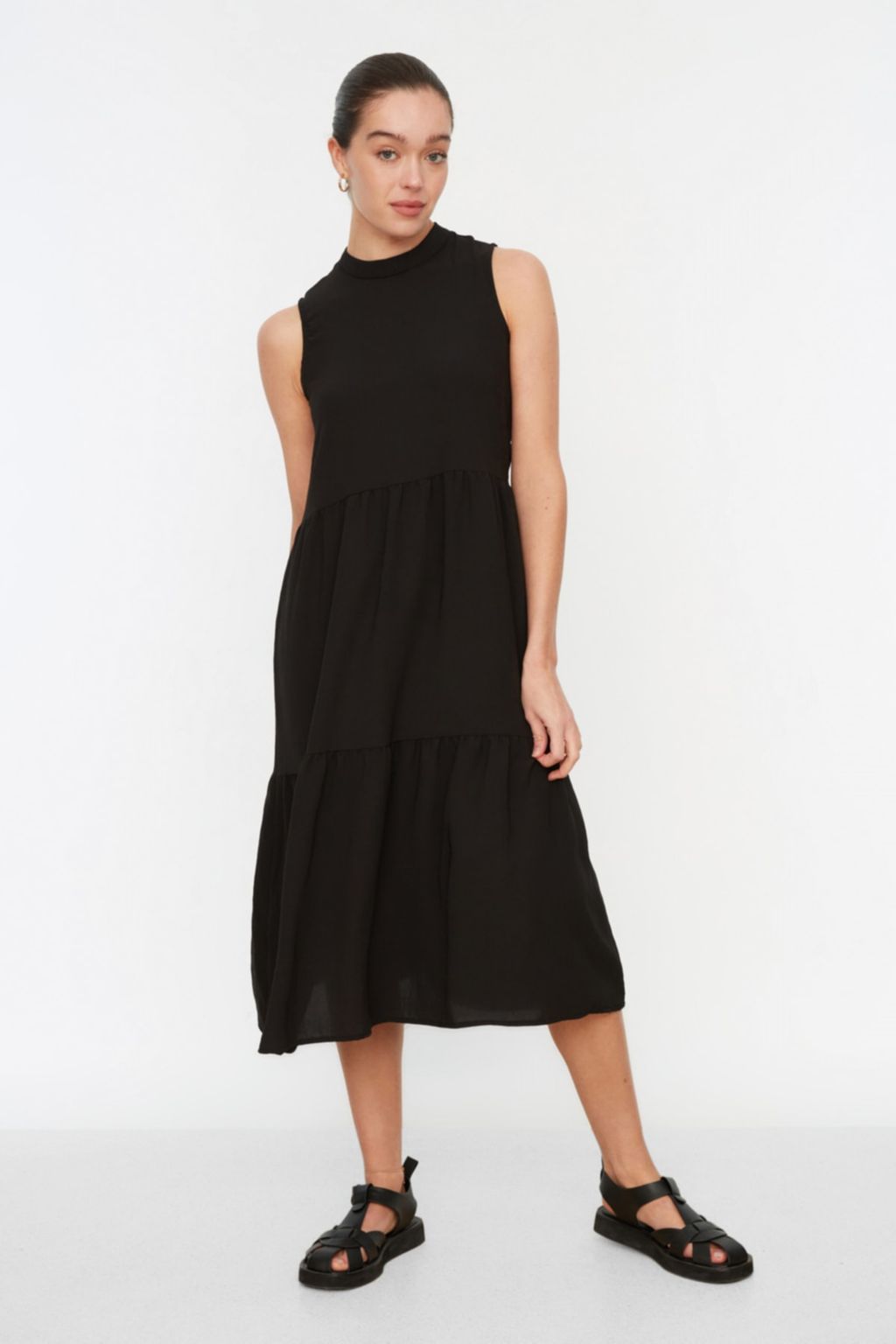 Siyah Shift/Duz Kesim Dik Yaka Midi Dokuma Elbise TWOSS20EL1864