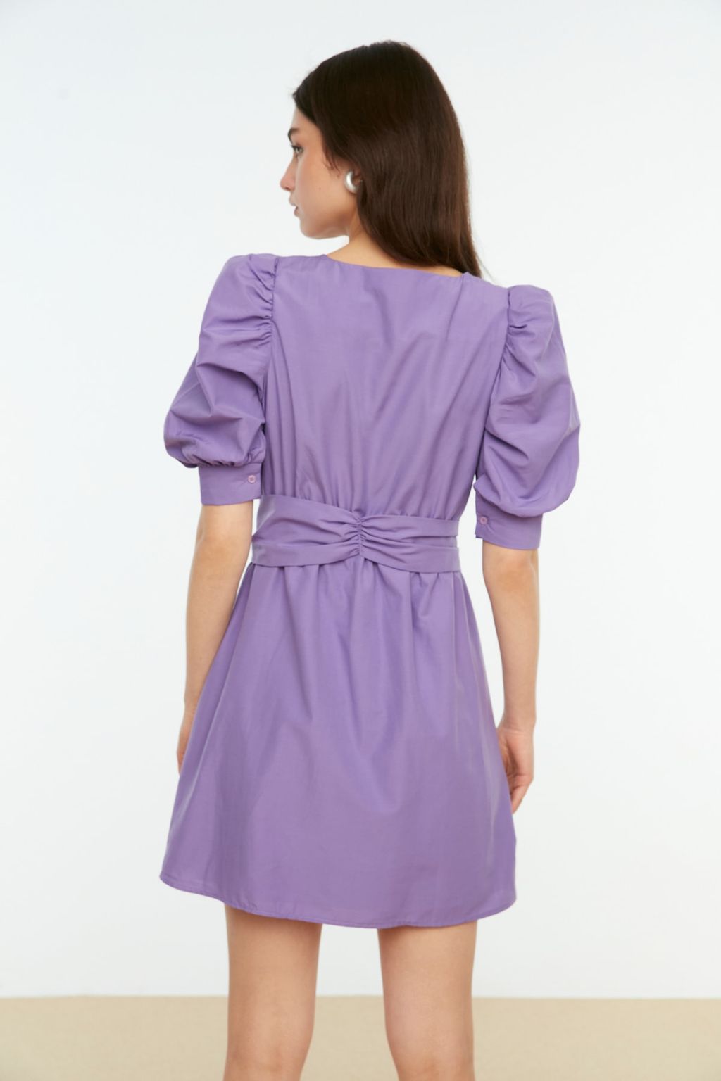 Lila Kemerli Belden Ac?lan Balon Kol Mini Dokuma Elbise TWOSS20EL0619