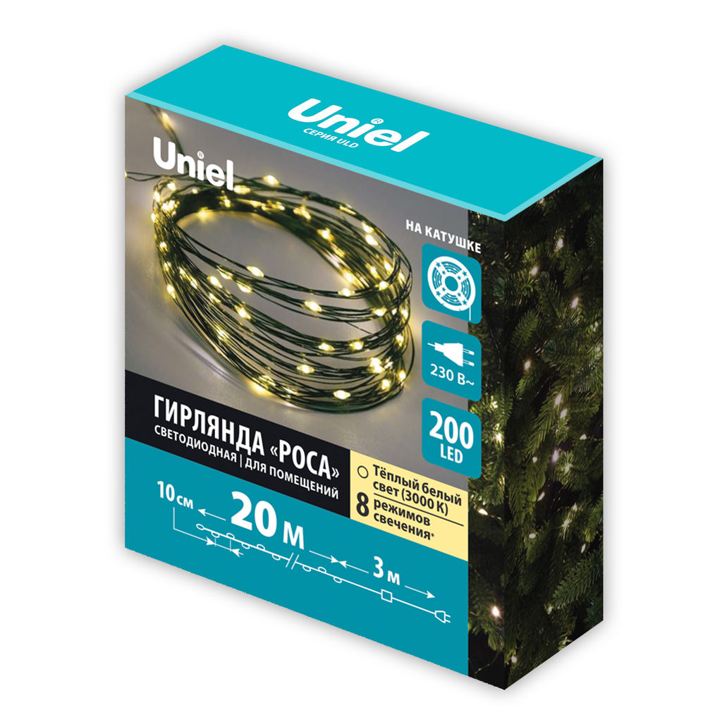 ULD-S2000-200/DGA WARM WHITE IP20 DEW Гирлянда светодиодная Роса, 20м. 200 светодиодов. Теплый белый свет. Провод зеленый. ТМ Uniel - Volpe фото 13