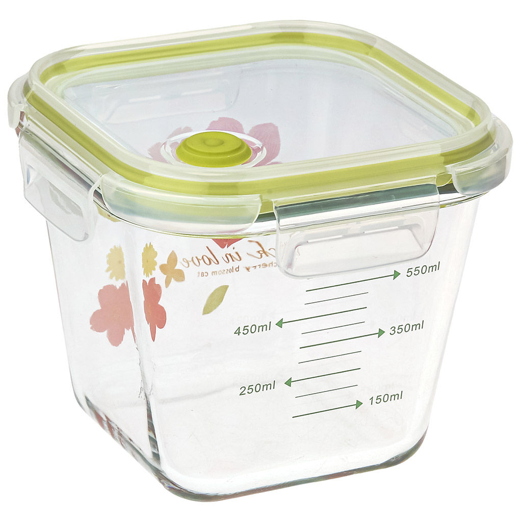 Лак ин лав (Luck in love) Контейнер стеклянный 900мл, 13х13см h10,5см, боросиликатное стекло, с деколью, с мерной шкалой, квадратный, пластмассовая крышка с пароотводом, герметичная, с клипсами, с силиконовым уплотнителем (Китай) - Домашняя мода фото 2