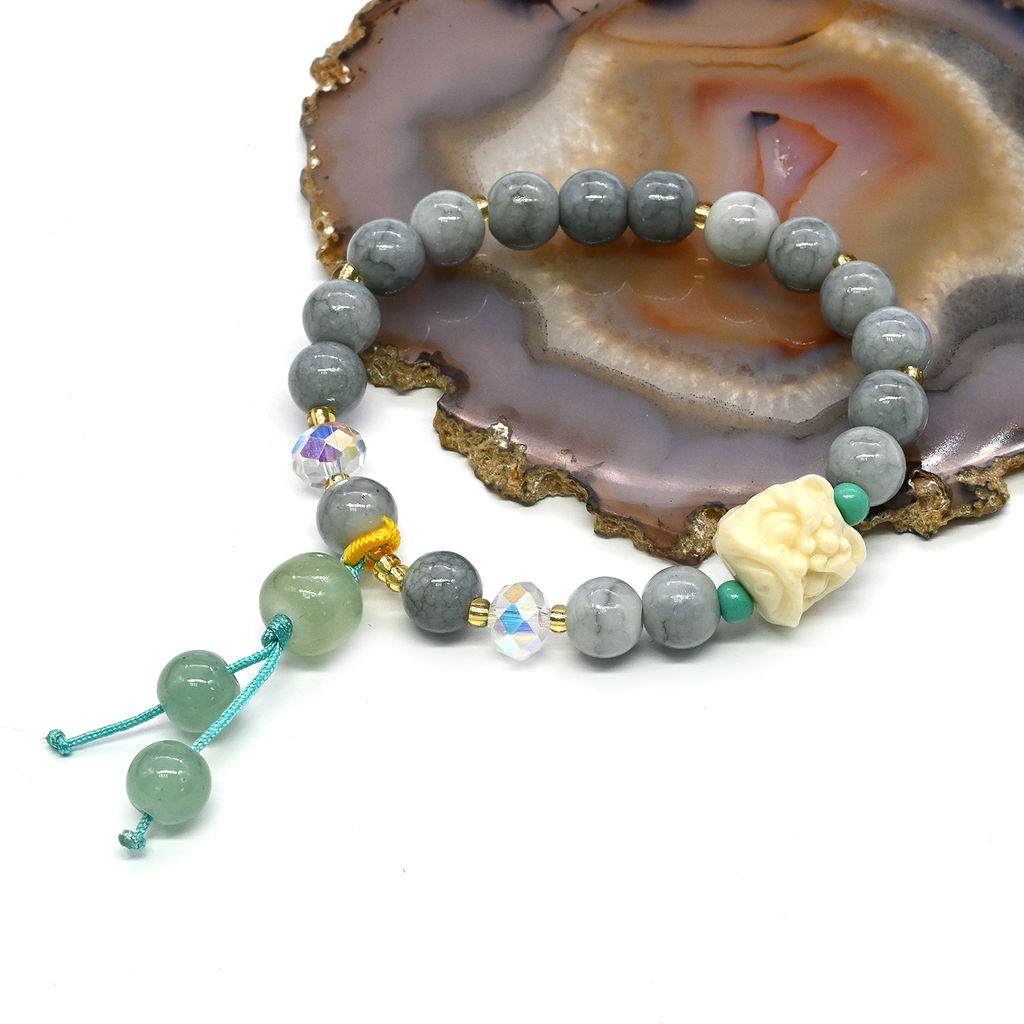 Браслет Голова Льва шарик 8мм цвет дымчатый, 17см