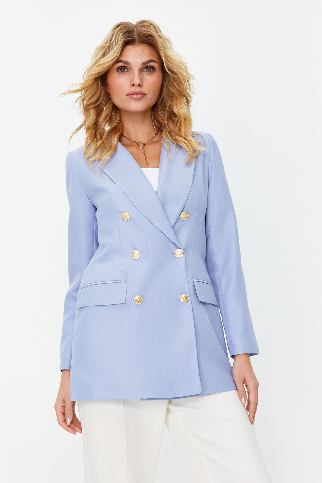 TRENDYOLMILLA Lacivert Oversize Astarl? Kruvaze Kapama Dokuma Blazer Ceket TWOSS20CE0024 фото 29