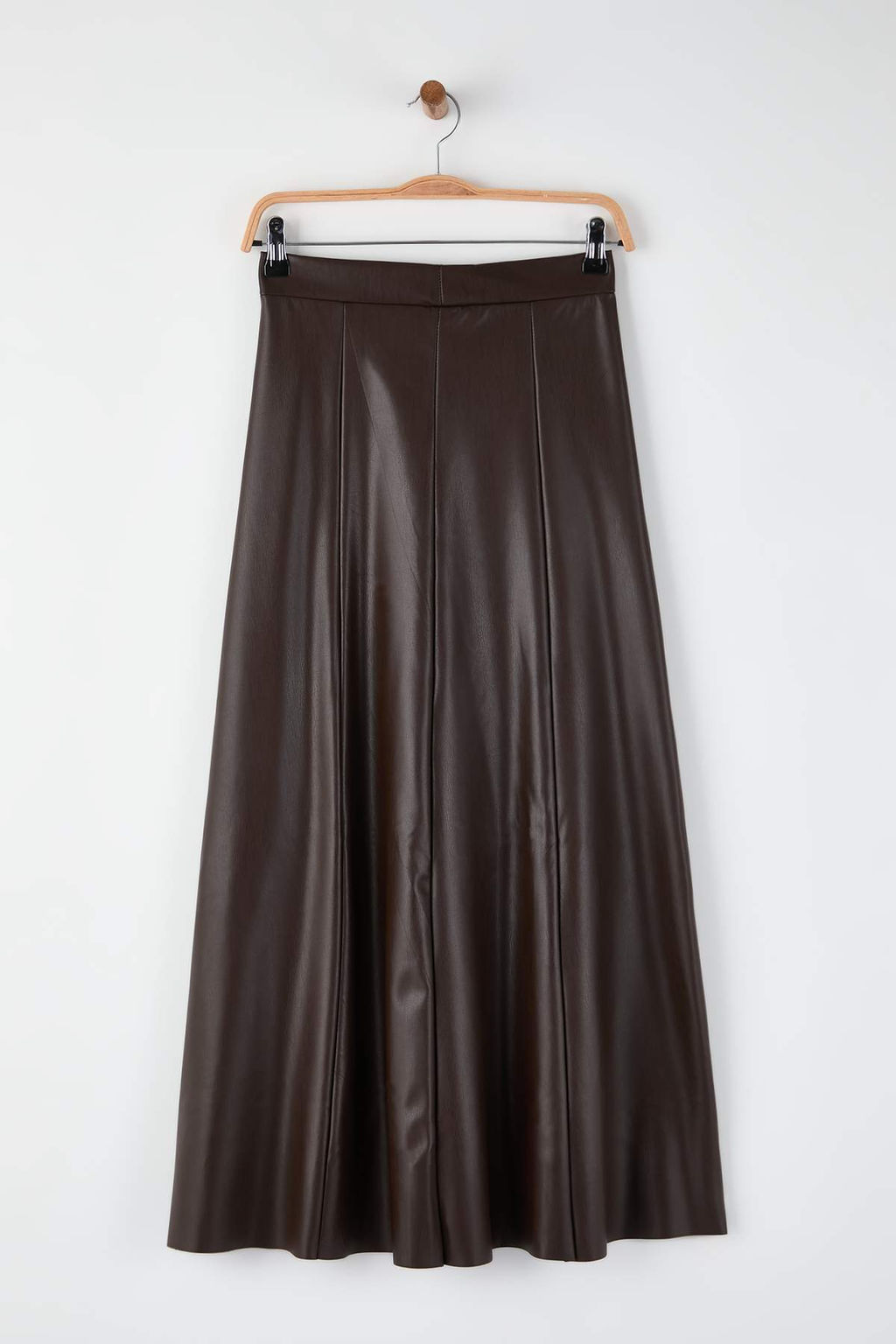 Koyu Kahverengi Suni Deri Yuksek Bel Maxi Etek TWOAW24ET00151