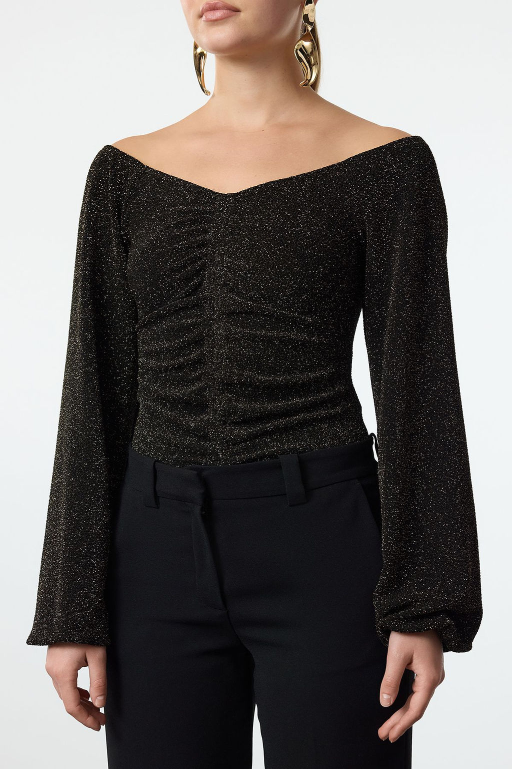 TRENDYOLMILLA Alt?n Carmen Yaka Is?lt?l? C?tc?tl? Simli Orme Body TPRAW24BD00016  фото 3