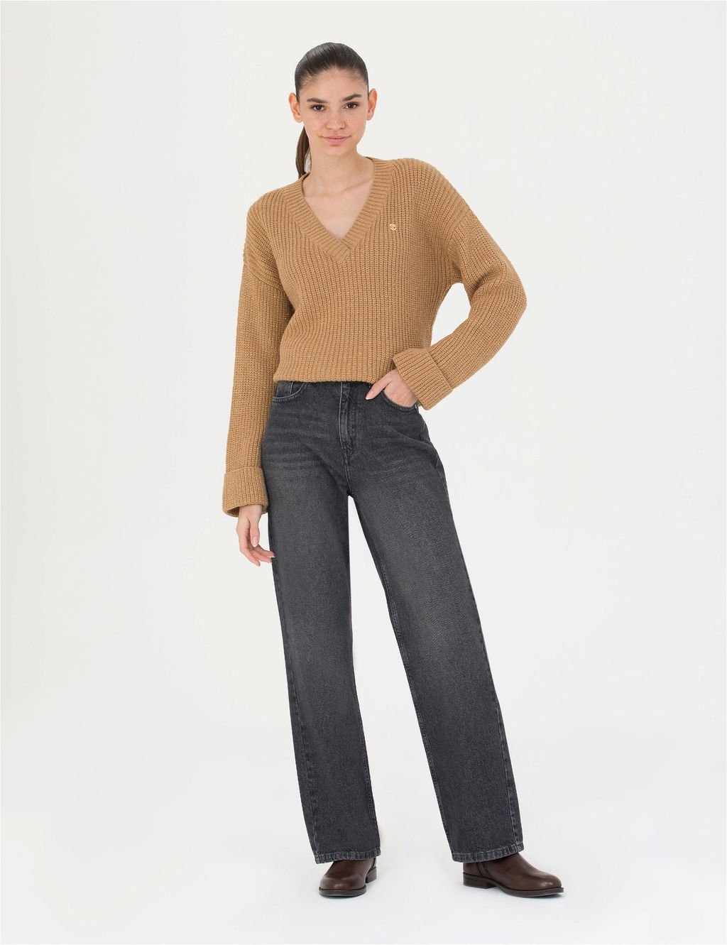 Светло-коричневый свитер Oversize с V-образным вырезом - Pierre cardin фото 4
