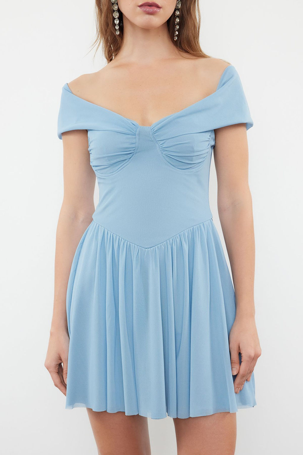 Ac?k Mavi A-Kesim Carmen Yaka Dokuma K?sa Elbise TPRSS24EL00184