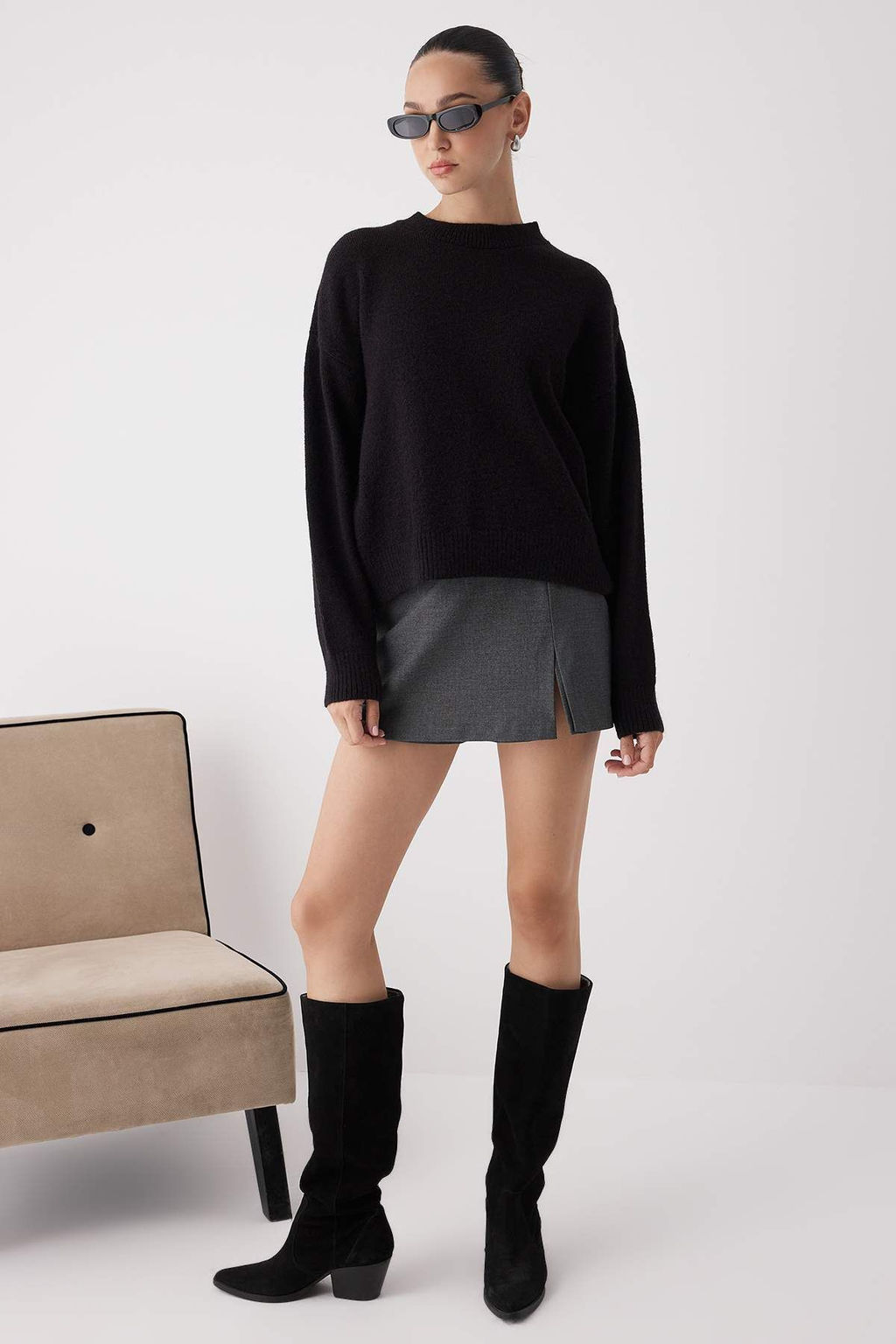 Wardrobe Essentials Siyah Alpaka Yun Kar?s?ml? Premium Iplik Genis Kal?p Triko Kazak |TWOAW26KZ00080