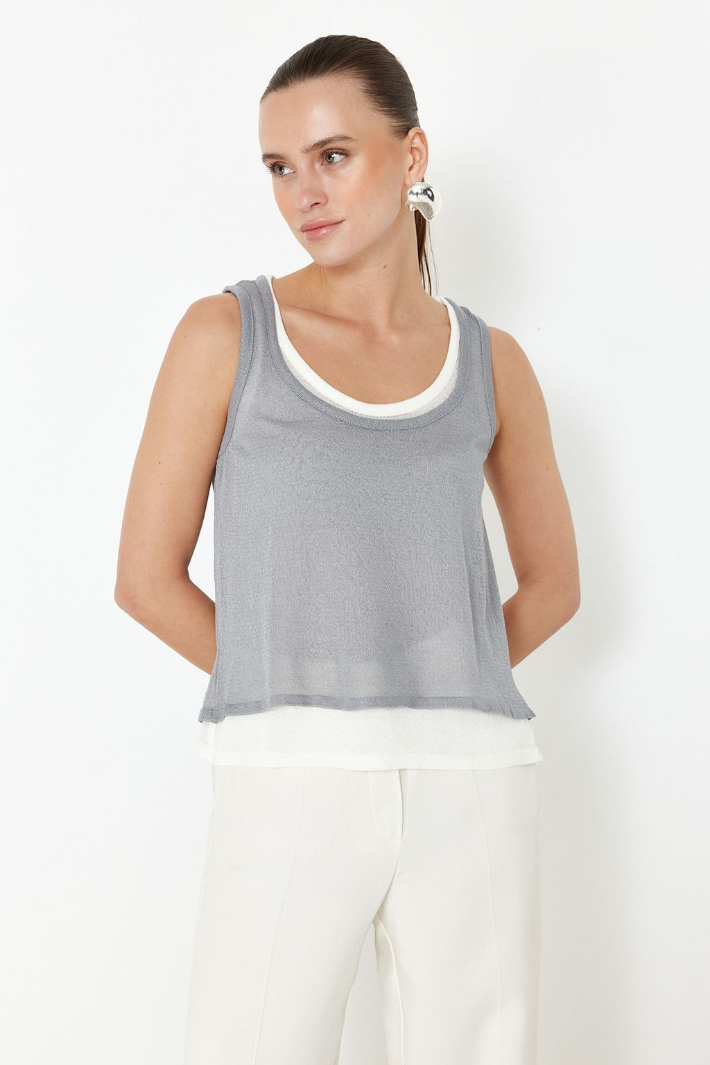 Gri Cift Kat Triko Ince Bluz TWOSS24BZ00599 - Trendyolmilla фото 3